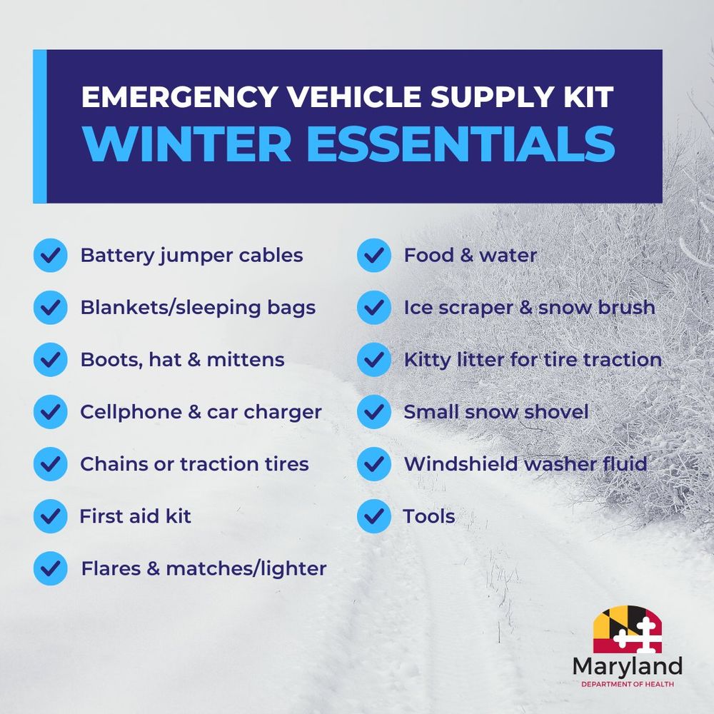 Emergency Vehicle Supply Kit. Winter essentials include battery jumper cables, blankets or sleeping bags, boots, hat, and mittens, cellphone and car charger, chains or traction tires, first aid kit, flares and matches or lighter, food and water, ice scraper and snow brush, kitty litter for tire traction, small snow shovel, windshield washer fluid, tools.