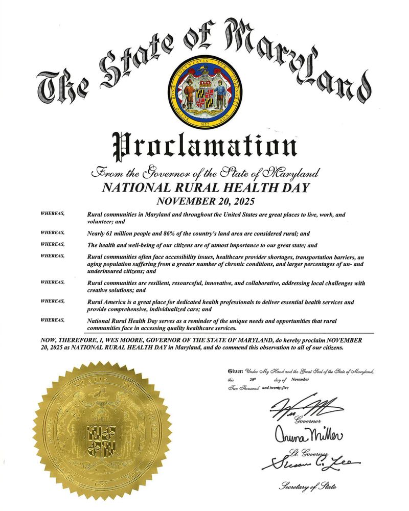 The State of Maryland Proclamation. From the Governor of the State of Maryland. National Rural Health Day. November 20, 2025. Access the full text of the proclamation with the link in this post. 