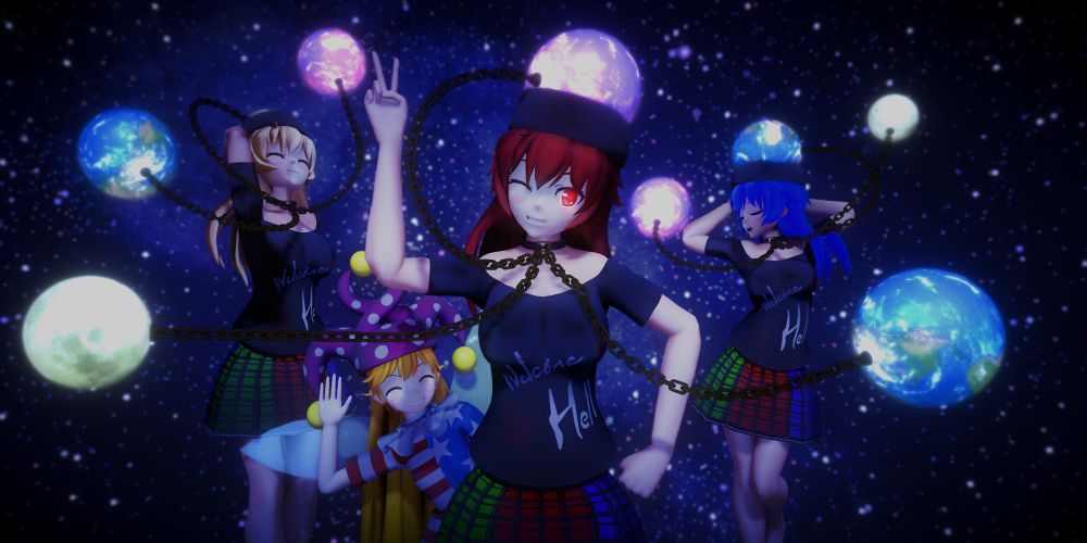 Models: Hecatia(s) by: Sabakan | Clownpiece by: Schwarz
Skybox: Space edited by: me (OG from: Arlvit & Kanami)
Posing: Cute Ladies Poses by: JuuRenka | Pose Pack 2 & Hand Pose Pack by: Snorlaxin
Effects by: Sovoro, Ikeno, & ittovy (Everything else was done in RayMMD)