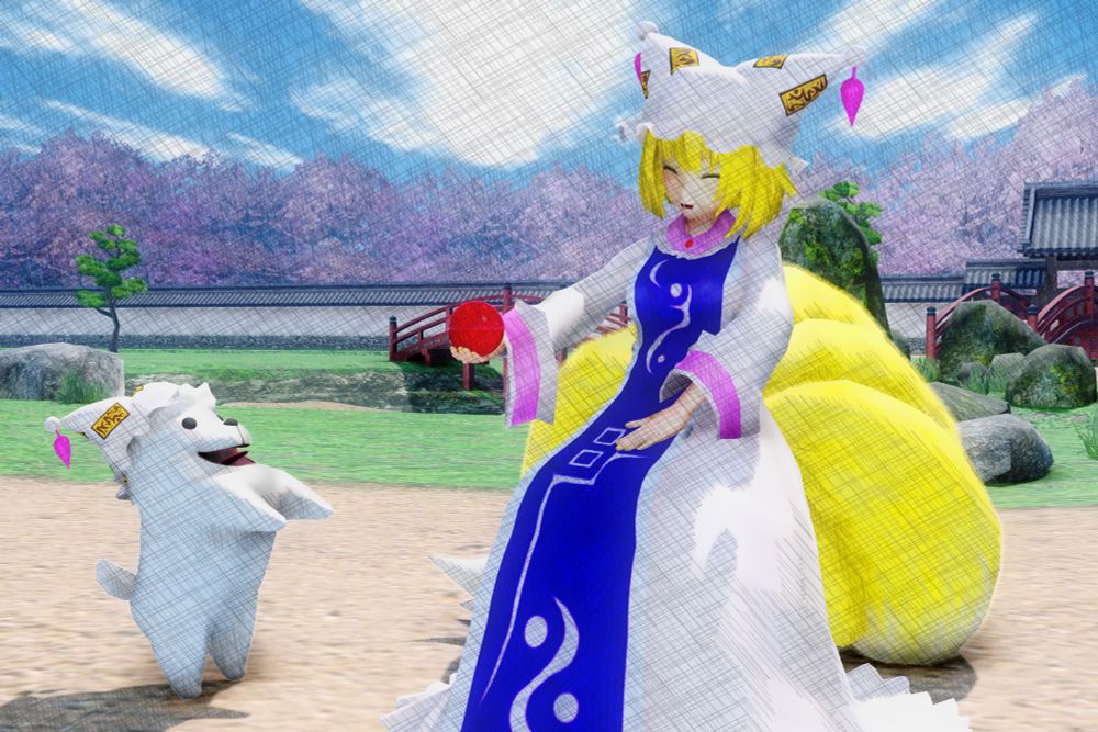 Models: Ran by: Tokiri (Edited from: Arlvit & kome-kon) | Annoying Dog by: The-Irish-Gal & Pipann
Props: Artifact by: me
Stage: Hakugyokurou by: Sabakan
Skybox: Day (FromRayMMD)
Posing: Hand Pose Pack by: Snorlaxin
Effects: Sovoro, BeammanP, Ikeno, dson1975, & ittovy (Everything else was done in RayMMD)