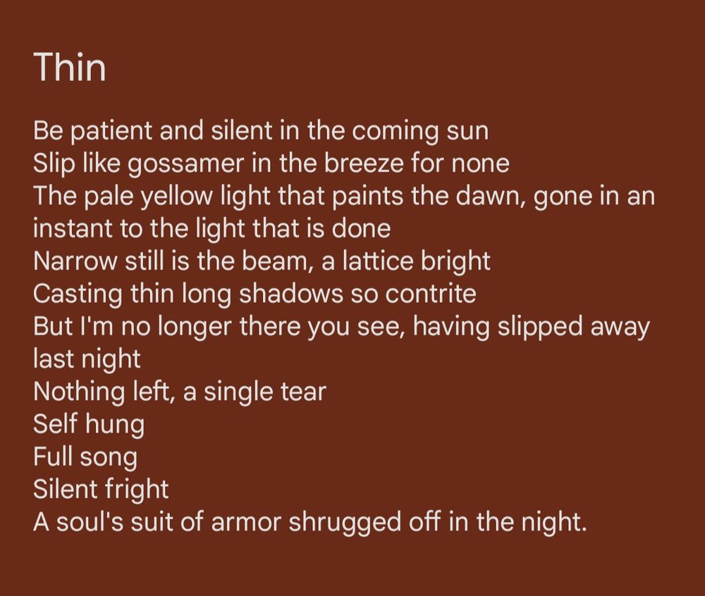Thin

By NRB

Be patient and silent in the coming sun
Slip like gossamer in the breeze for none
The pale yellow light that paints the dawn, gone in an instant to the light that is done
Narrow still is the beam, a lattice bright
Casting thin long shadows so contrite
But I'm no longer there you see, having slipped away last night 
Nothing left, a single tear
Self hung
Full song
Silent fright
A soul's suit of armor shrugged off in the night.