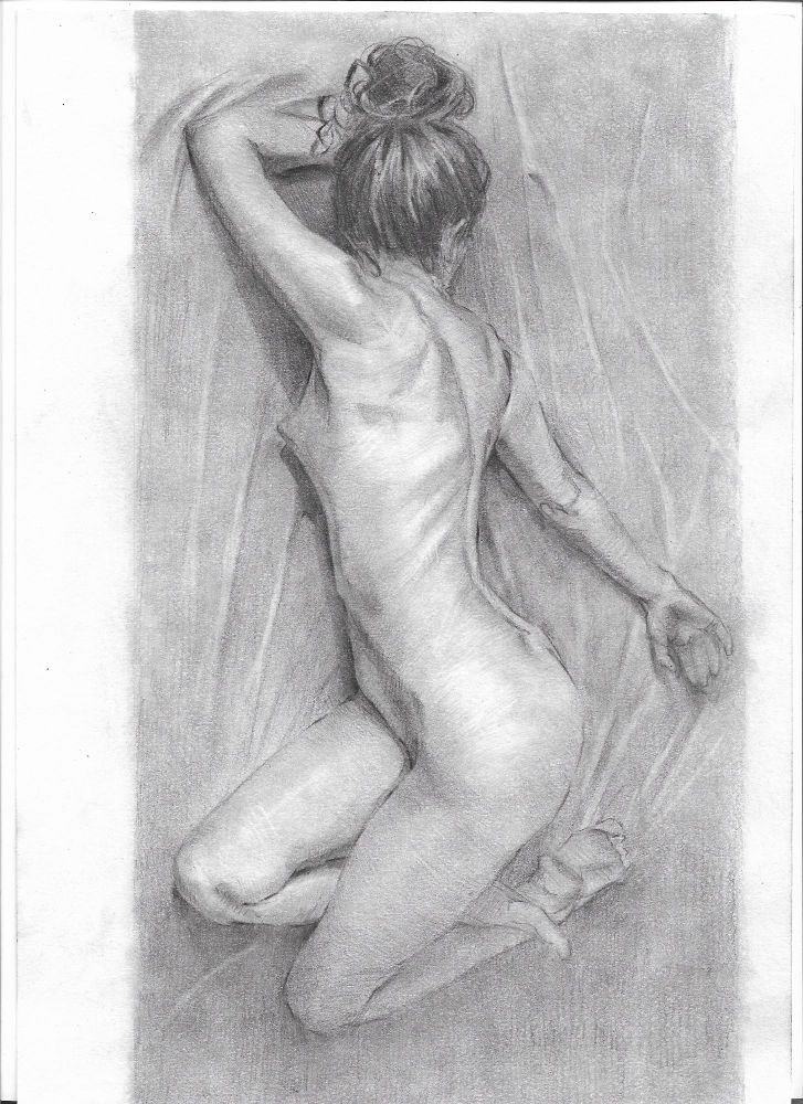 Figure drawing in graphite of a nudes model lying down