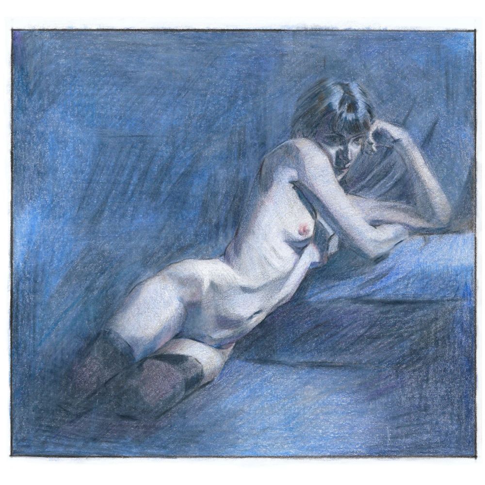 A figure drawing in colored pencils
