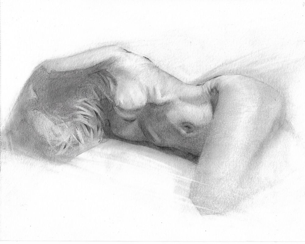 Graphite drawing on paper of a woman  lying down