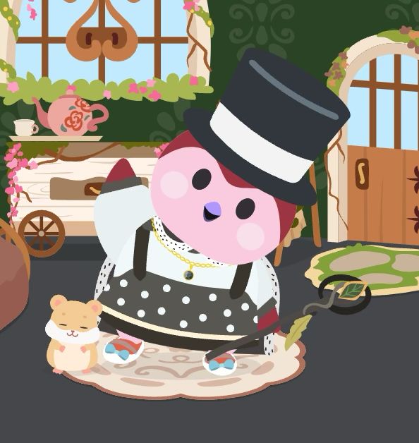 Virtual pink bird from finch app, Noodle is wearing a top hat, dotted black and white dress. She waves at the camera in her tastefully decorated nest with her pet hamster at her side.