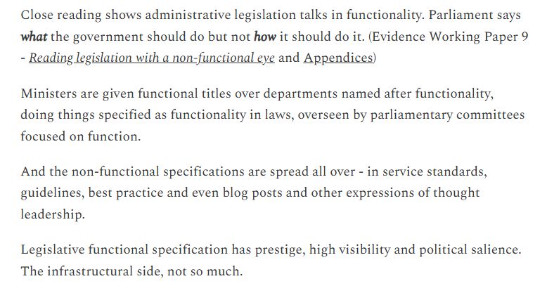 Close reading shows administrative legislation talks in functionality. Parliament says what the government should do but not how it should do it. (Evidence Working Paper 9 - Reading legislation with a non-functional eye and Appendices)

Ministers are given functional titles over departments named after functionality, doing things specified as functionality in laws, overseen by parliamentary committees focused on function.

And the non-functional specifications are spread all over - in service standards, guidelines, best practice and even blog posts and other expressions of thought leadership.

Legislative functional specification has prestige, high visibility and political salience. The infrastructural side, not so much.