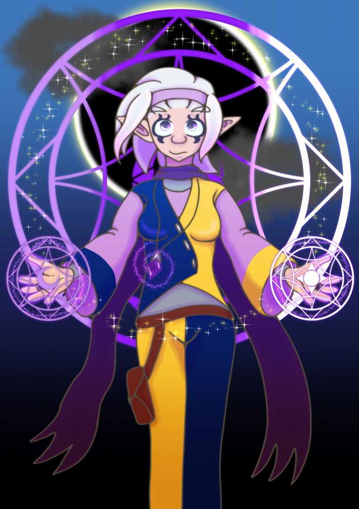 A spikey-haired pale elven woman wielding magic in a dark background