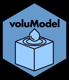 voluModel hexagon logo--dark blue background with a stylized water droplet plopping into a cube, both in a lighter shade of blue.