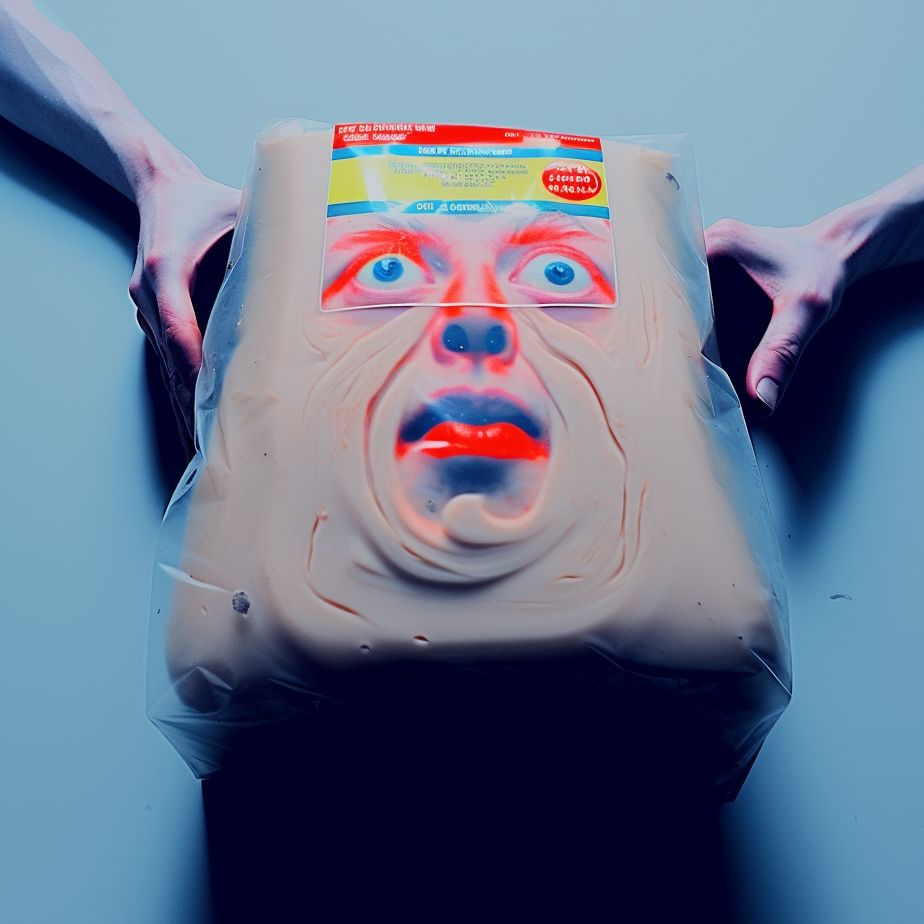 An extremely creepy shrink-wrapped face. Sort of cartoonish and and rubbery, with a look of shock frozen upwards at something off camera and presumably horrible. Light blue background, high contrast lighting, and reddish orange highlights on recognizable facial features. Two pale, gaunt arms reach in from outside the image. The forehead is obscured by some kind of illegible and partially transparent sticker.