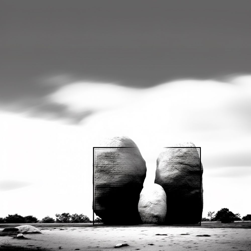 Surreal black and white “photo” of some extremely large boulders in the Sonoran desert. The landscape is partially obscured by an ethereal semi-transparent screen with horizontal striations, and the boundary between the sky and the geological features is essentially dissolved via desaturation.