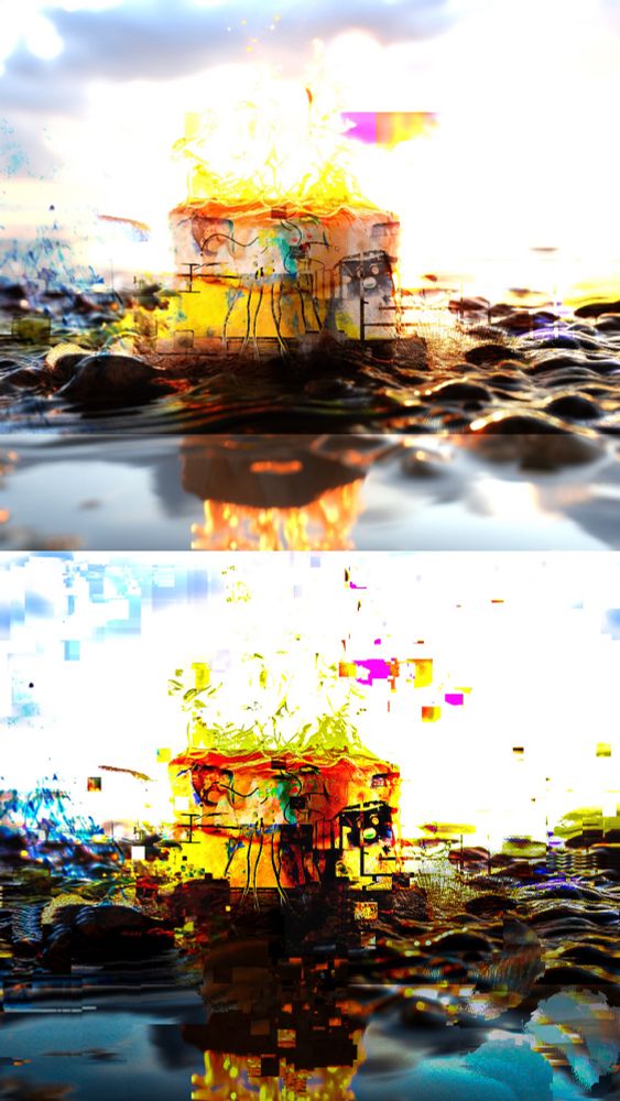 Two different variants of a seriously glitched-up flaming marshmallow, floating in a bubbling pool of motor oil.