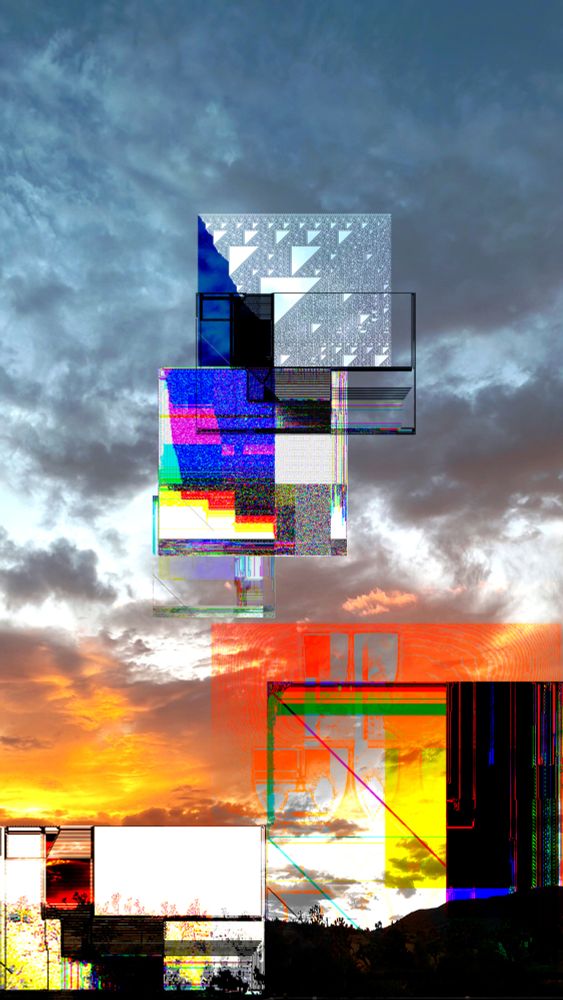 Digital collage artwork: a JT sunset juxtaposed and re-assembled with an assortment of procedurally generated artifacts. The landscape disintegrates into high-constrast geometric abstractions as it passes through the canonical horizon, emerging from a an explosive orange palette into the blue tones of the upper cumuli, a waterspout of pixelated noise terminating in explicit fractal imagery before dissipating into the atmosphere.