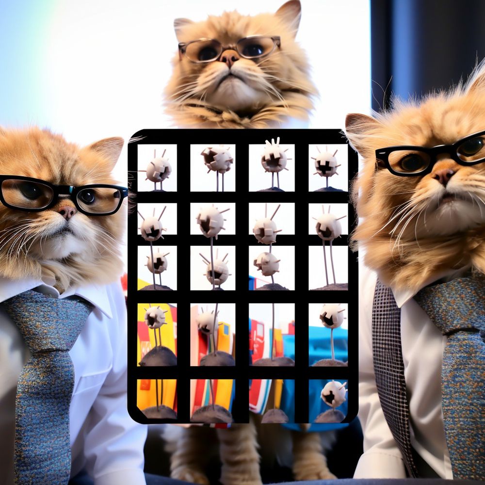 A trio of very stoic and respectable business kitties, profoundly unimpressed by weird art