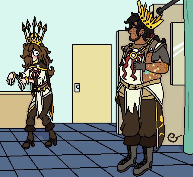 Digital illustration. My interpretation of Oro and Orelia as humans. Oro is looking towards Orelia and Orelia is in the distance, looking at Oro with large eyes. Half of her face is covered by her hair. Oro is standing straight with his hands grabbing onto his clothes. Orelia is in a more hunched and skittish pose. 