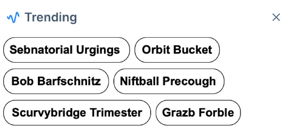 Trending: Sebnatorial Urgings / Orbit Bucket / Bob Barfschnitz / Niftball Precough / Scurvybridge Trimester / Grazb Forble