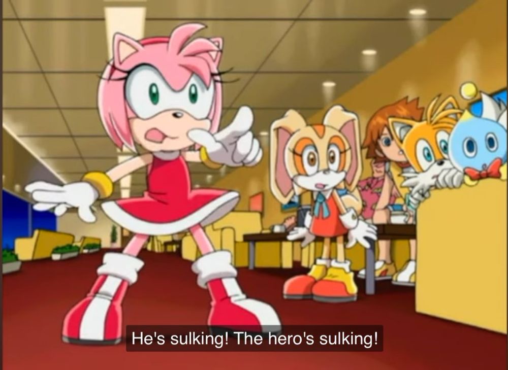 Screen cap of episode 20 of Sonic X (Jp dub). 
Amy points to Sonic off screen who collapsed to the ground in a fetal position after getting scolded by her 