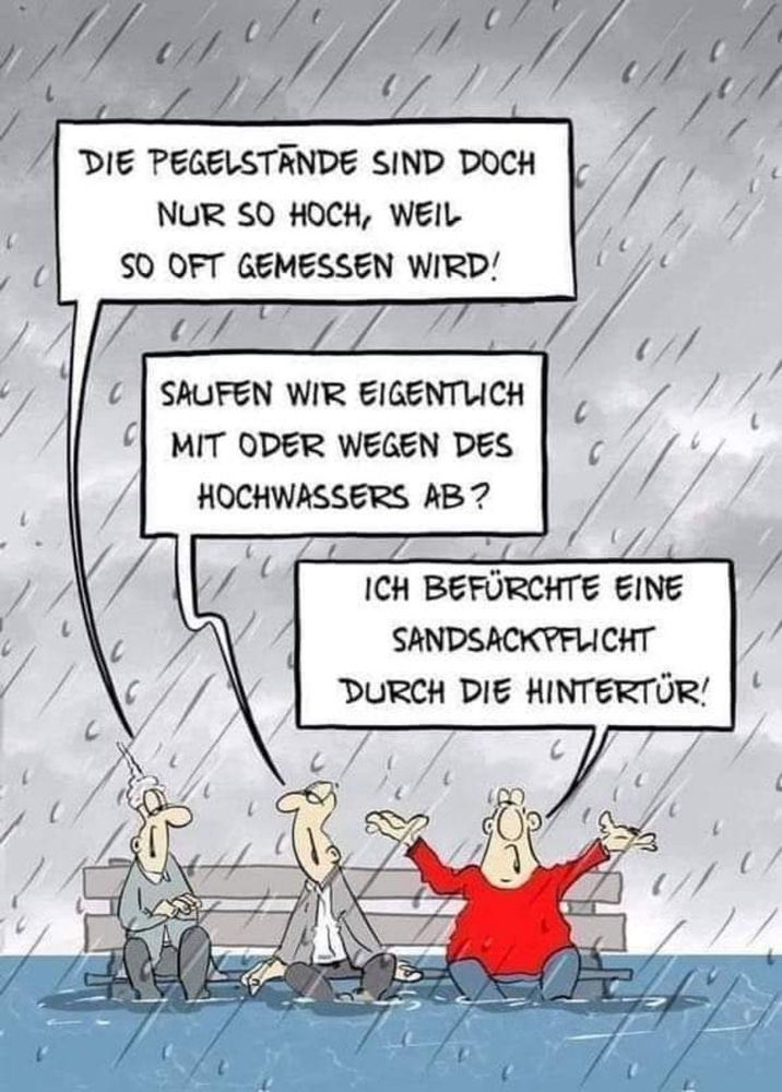 Ein Cartoon mit drei Männern auf einer Bank, die im Wasser steht. Die Männer haben alle Sprechblasen.
