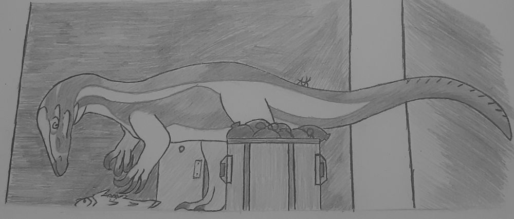"Urban Fishing"
An inked, greyscaled drawing of the spinosaurid "Suchomimus t." walking behind a building through an alleyway in search of food. The Suchomimus is looking currently at a fish on its side, showing signs of being previously scavenged on near a full garbage dumpster.