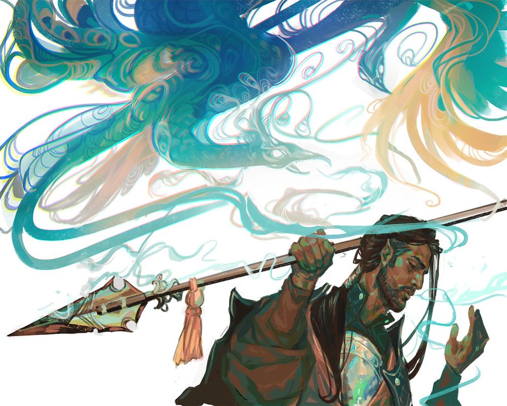 A drawing of my dnd npc Marius, also Adelpha's uncle. He has his pole-arm raised, but is only using the weapon to block the spirit-like peacock that looms over his shoulder through colorful smoke. 