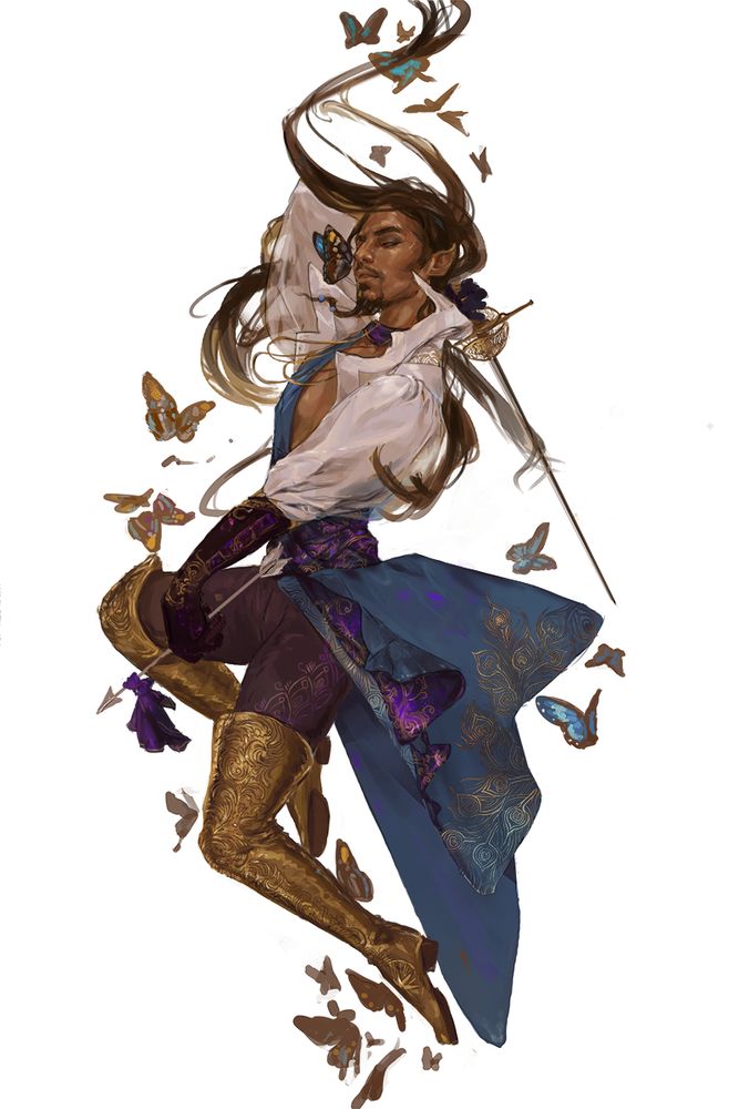 A drawing of my dnd warlock Adelpha. He's an elf with long, dark hair and elaborately embroidered clothing with a peacock motif. He is surrounded by blue and gold butterflies, and holds both a silver rapier and an arrow with a silk handkerchief tied around it.  