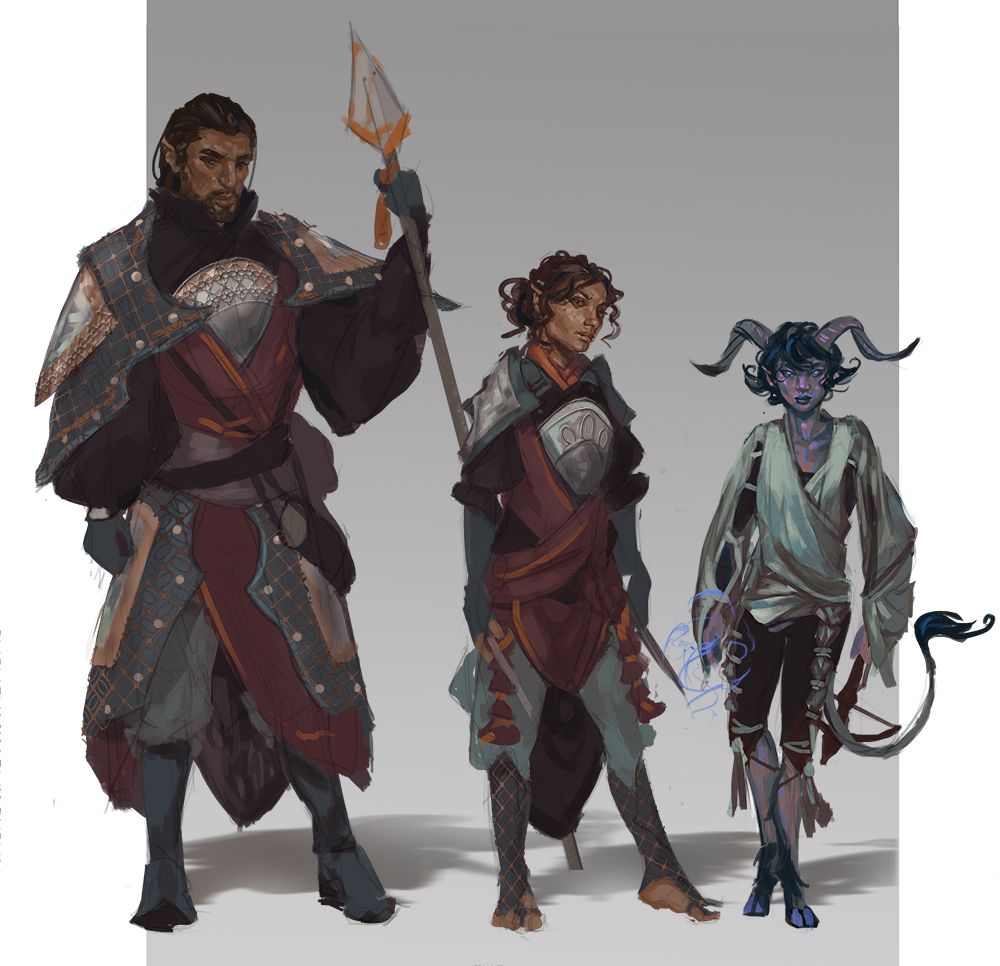 Character lineup of three dnd npcs--the tallest is Marius, heavily armored and broad, loosely holding an orange-tasseled polearm. The next is another elf, possibly a rogue, dressed similarly in uniform but with lighter armor. The shortest is a blue-gray tiefling, armed with a crossbow and a swirl of magic, but dressed far plainer than the other two.   