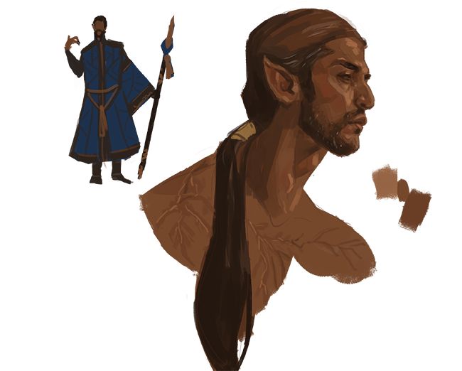 Earliest drawing of Marius (from 2017! wow). Includes a small silhouette of an outfit, plus a bust that shows the slight silvering of his hair and other signs of age. He also has an extensive lightning scar that lances from his back and over his shoulder. 