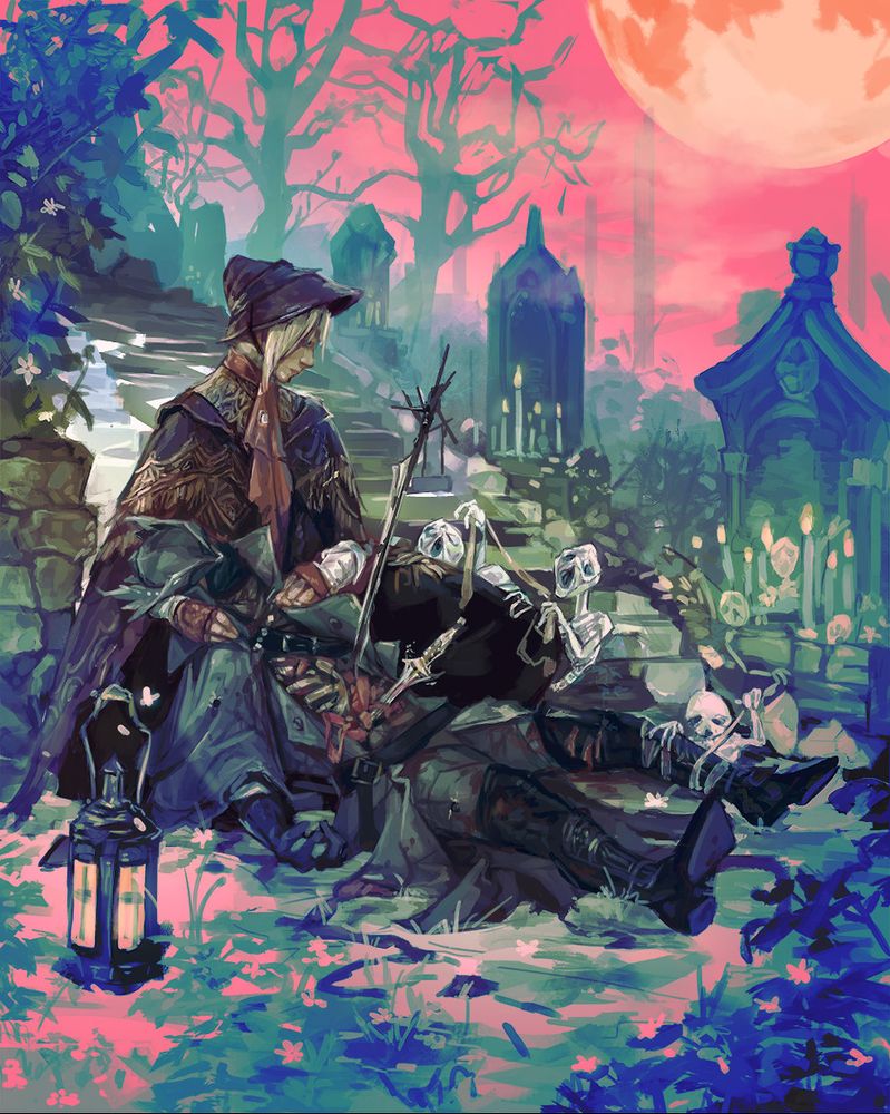 Same illustration, but re-rendered to include stark pink lighting from the addition of the blood moon hanging in the background sky.