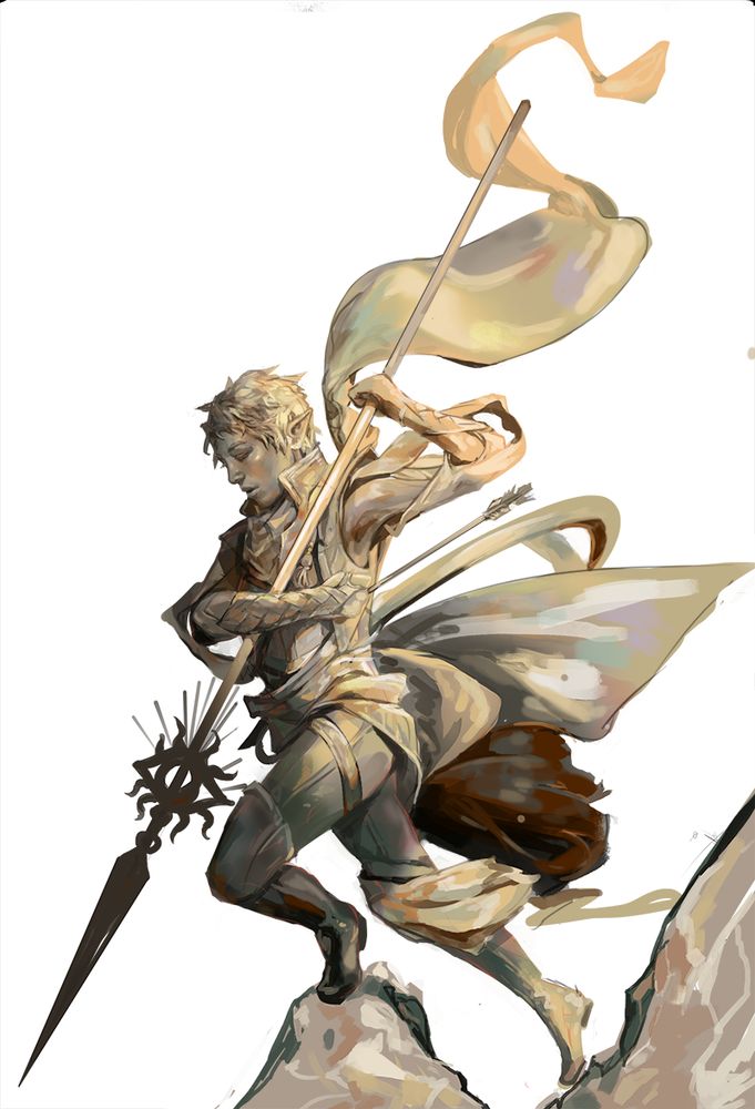 A full body drawing on a white background of a lavellan inquisitor from dragon age. She is painted like she is a statue made of marble, and has the vibe of a religious saint with an arrow in her side. Irony being--its not her religion, or a sainthood she agreed to.