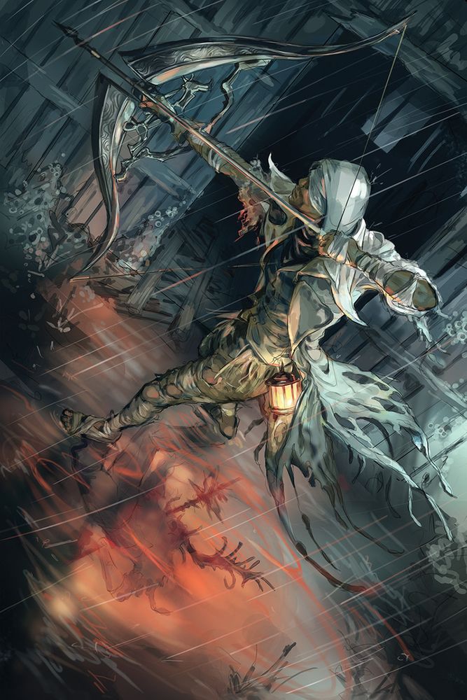 An illustration of Simon from Bloodborne, his bow drawn and aimed at something off screen. He stands in pouring rain in front of the lighthouse hut in the fishing hamlet. In the water at his feet, lit by red lantern light, is the silhouette of the assassin Brador rather than his own reflection. Red rings dot the surface of the water, like sound reverbs of the bell tolling. 