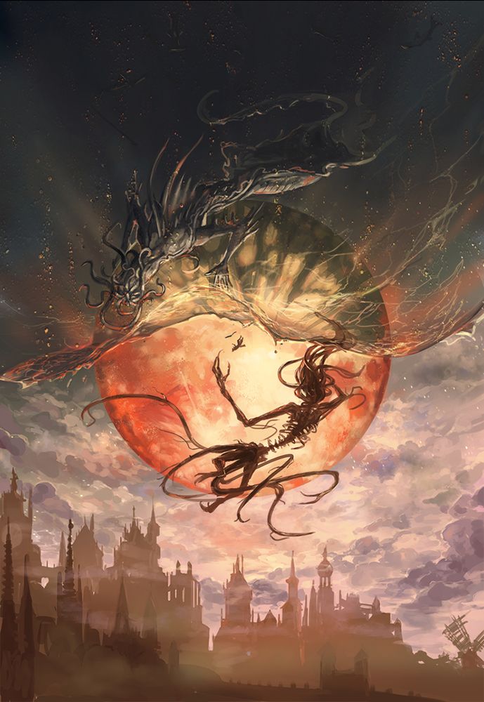 an illustration of the moon presence and kos from bloodborne. they are positioned like a yin and yang over the moon, with a ocean waterline between them. on kos' half, the nightmare moon shines eerily from under green water. on the moon's presence's, the blood moon hangs over yharnam. the tiny silhouette of a hunter is hanging between them, just above the reach of the moon presence's grasp. 
