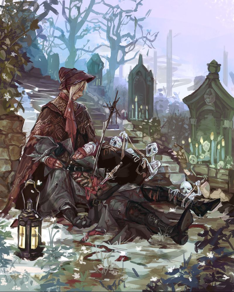 An illustration of an injured bloodborne hunter, cradled in the the doll's lap as if just warped into the dream. Three messengers are attempting to offer bandages despite the fatal nature of the injuries. 