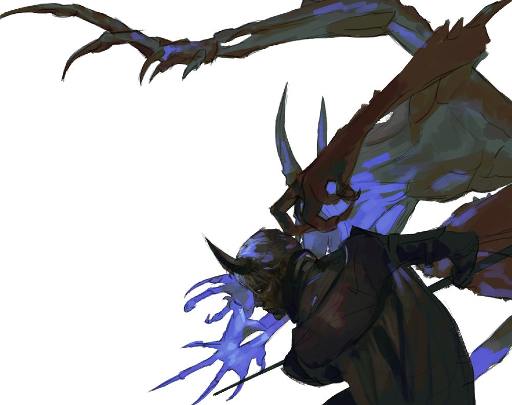 wip illustration of a tiefling dark urge from baldur's gate 3. behind him, clawed hands overhanging his head, is the slayer form only terrible terrible players get 