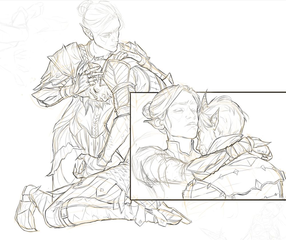 A wip lineart of Minthara and a tiefling dark urge from BG3 in two panels. The first shows them both on their knees, her watchful over his shoulder as she braces him. He seems dazed, staring down at his own clawed hand. The second is a close up as she pulls him in for hug. 