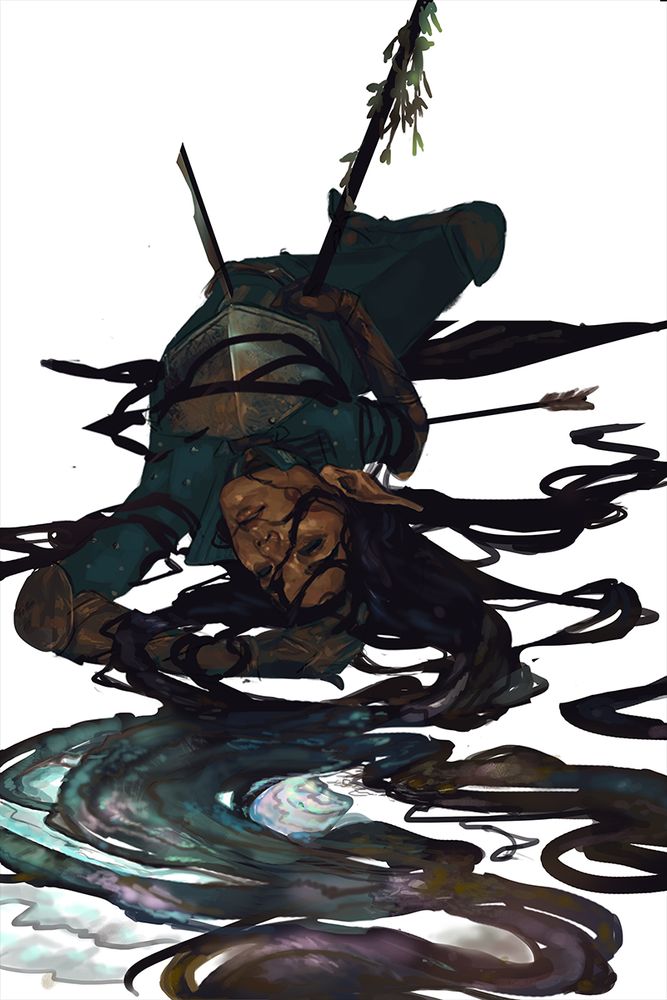 A fullbody drawing on a white background of a surana warden from dragon age. She is laying prone with her head craned back toward the viewer. Her hair is spilled wet across the ground and looks similar to seaweed beach debris. The farther lines of it turn into a abalone shell texture. She has a harpoon through her midsection, like a poached sea creature or mermaid.  
