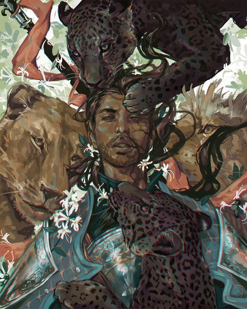 A drawing of my dnd npc Marius. He is laying in a faded, out of focus field, with bunches of honeysuckles crowded around him. He himself has on armor and looks injured/ill from an oil-like corruption streaming from his nose and mouth. On all sides of him, large cats like lions and panthers are laying or pawing at him in concern, but he stares straight ahead, dazed. 