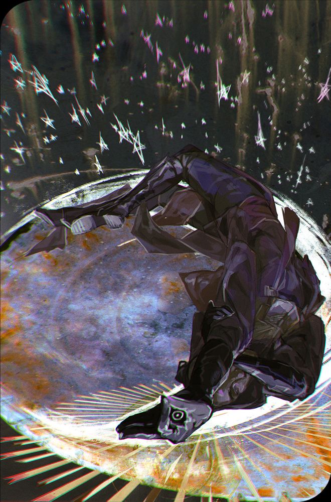 A 'card style' illustration of my warhammer 40k navigator. He is lying on the ground, head and body craned back into a curved shaped that matches the crescent moon shape behind him. He has one hand raised above his head, thumb and forefinger pinched together, with an eye shape drawn between them. 

The 'card' is a reference to the hanged man tarot in composition and the 'waning' moon refers to the the declining genetics of a shrouded navigator family.  
