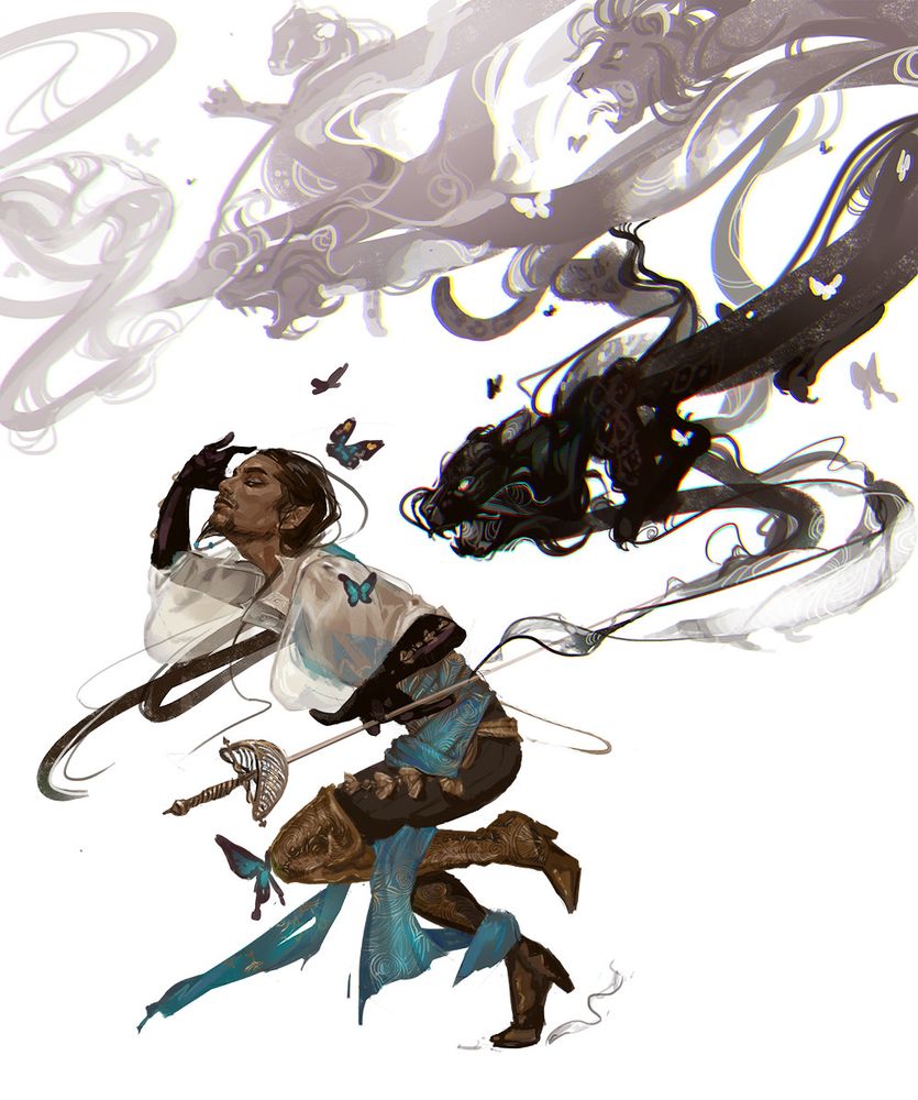 A drawing of my dnd npc Adelpha. He is a flamboyant warlock crouched like he just landed from a jump. A cloud of large, cat-like spirits appear in the smoke trailing off his sword, as if chasing him.