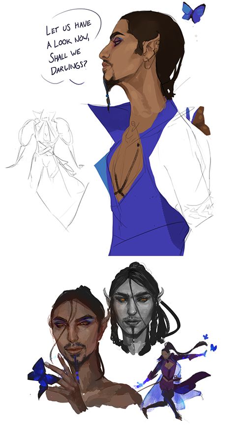 Earlier drawings of Adelpha including a side profile, and some sketches trying to parse out how exactly his open collar was going to work. 