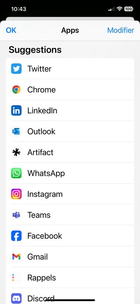 Apps proposées pour ajouter aux apps pour les partages.