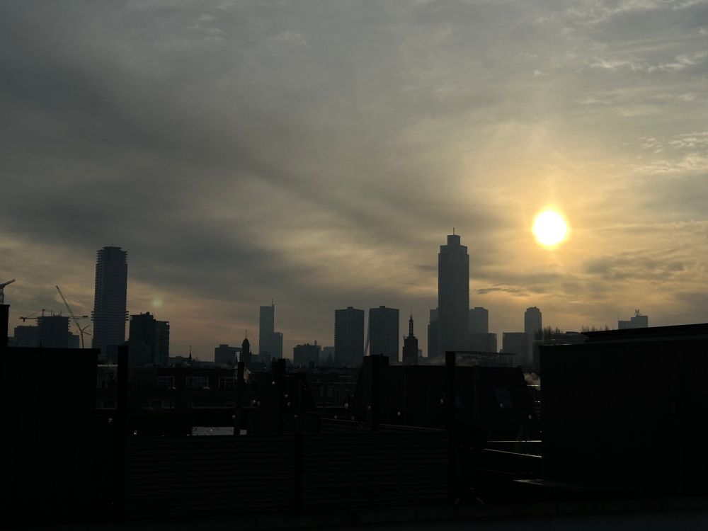 Skyline van Rotterdam met een waterig zonnetje
