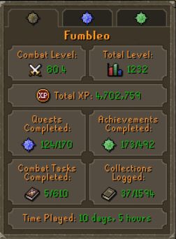 The character summary of an oldschool runescape character. Level 80 combat, 1232 total level, 124 quests completed, just over 10 days played