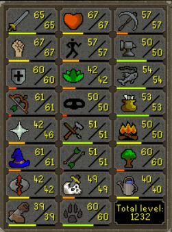 The stats page of an oldschool runescape character. The stats are all mid-level ranging from 39 to 67