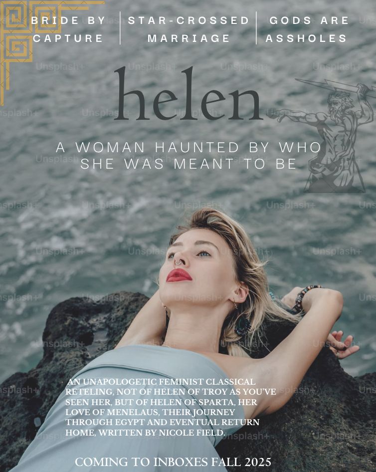 #PosterPit poster of Helen with a woman looking up from a rock and the sea below her. In the top text reads: Bride by capture, star-crossed marriage, gods are assholes.