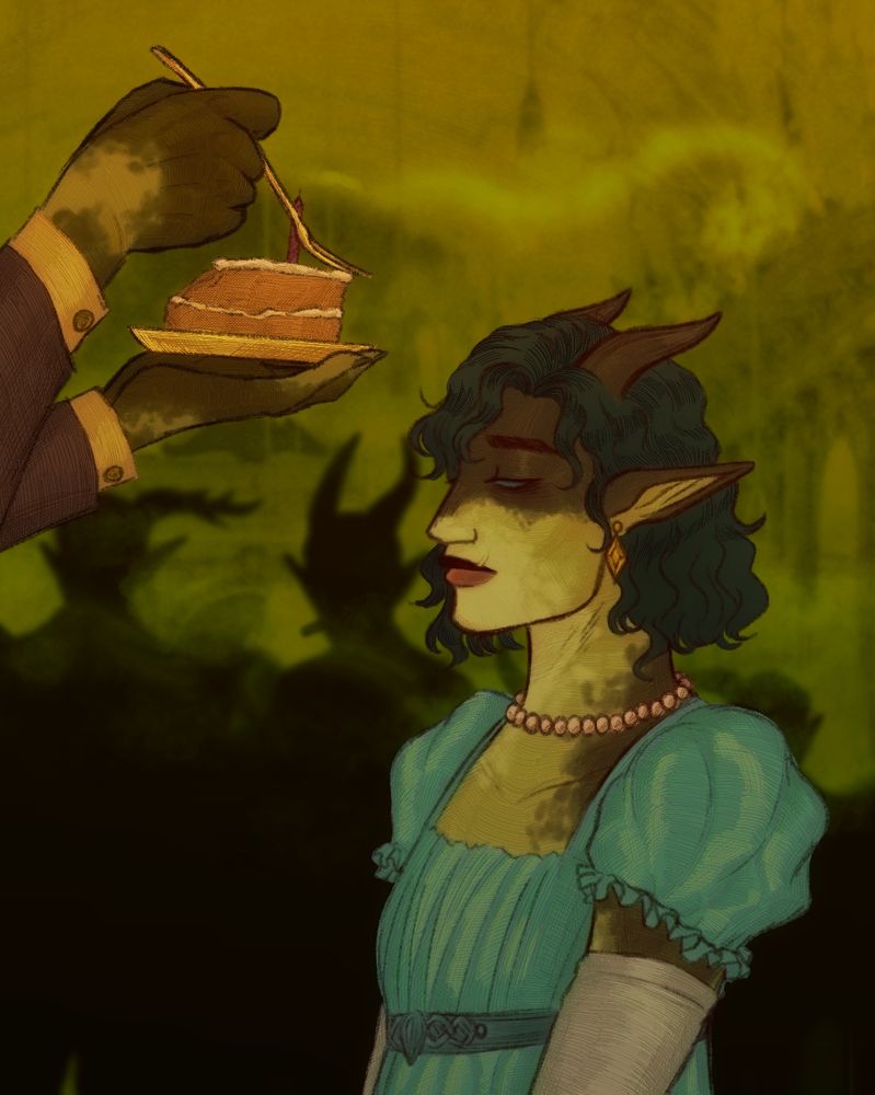my dnd oc, Nattari Althea, getting the rare occasion of her birthday being celebrated, Instead of being with kids her age, she is surrounded by her father’s friends and business partners, portraying that the party was never for her, Her Father is currently holding the last slice of her birthday cake and blew the candle out himself.