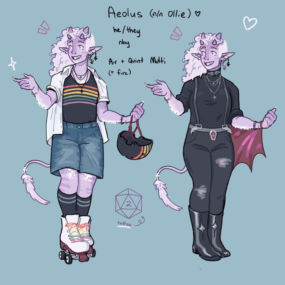 reference sheet for a ghoul oc Aeolus. Features two full body drawings of the same character (1 in a roller skating outfit and 1 in a more gothy / darker outfit.)
Text reads
 “Aeolus (n/n Ollie)
he/they nby 
Air + quint multi (+ fire)”
he has a d20 tattoo on inside of his upper arm (seen only in the left drawing) shown in greater detail in the lower center