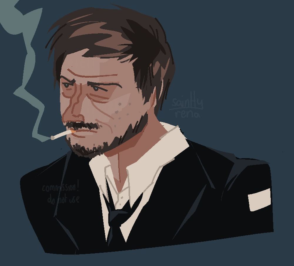a digital drawing of jean vicquemare from disco elysium. he has brown hair, and facial hair. his eyebrows are furrowed, and he has eyebags from stress. jean has facial scarring from smallpox. he is looking away angrily, and there is a cigarette in his mouth. he is wearing a black suit with a tie.