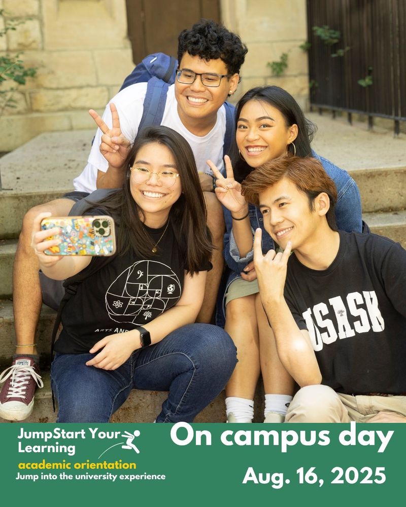 Four students smiling and taking a selfie on campus steps during the JumpStart Your Learning academic orientation on August 16, 2025.