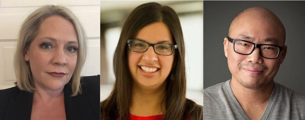 From left to right, portraits of three professionals: a person with short blonde hair wearing a black top, a person with long brown hair wearing glasses and a red blouse, and a person with a shaved head wearing glasses and a gray shirt.