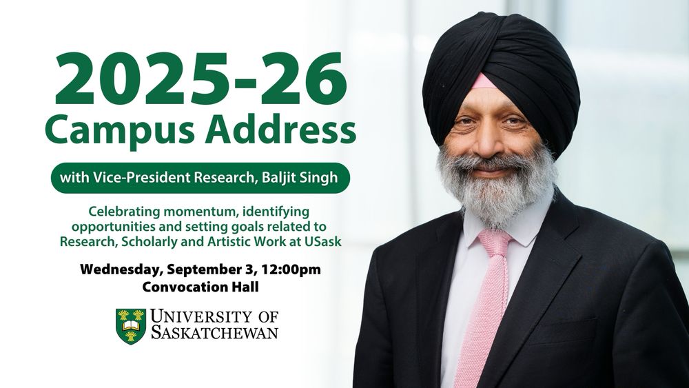 Promotional banner for the University of Saskatchewan's 2025-26 Campus Address featuring Vice-President Research, Baljit Singh. The event focuses on celebrating momentum, identifying opportunities, and setting goals related to research, scholarly and artistic work at USask, scheduled for September 3 at 12:00 pm.