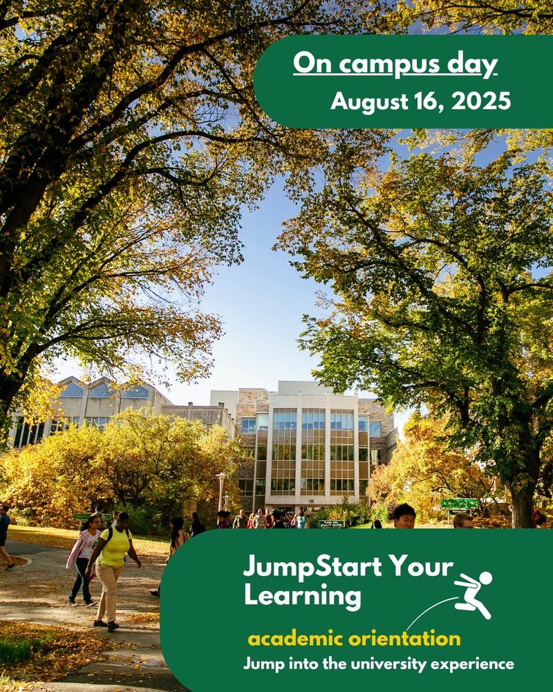 Promotional poster for 'JumpStart Your Learning' academic orientation on August 16, 2025, featuring students walking through a tree-lined campus pathway towards a modern university building on a sunny day.
